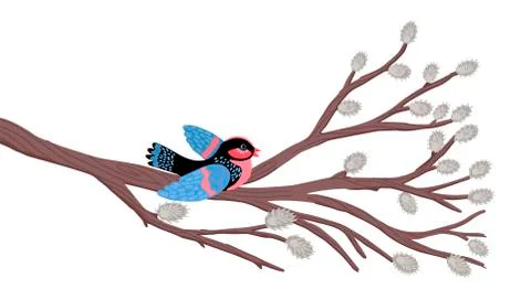 The bird sits on a willow branch. Spring pattern. Vector illustration. Stock Illustration