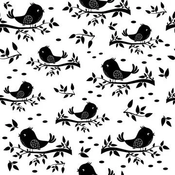 Bird sitting on a branch pattern, black stencil silhouette, Textile, Stock Illustration