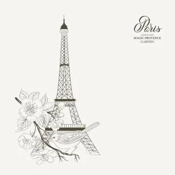 Bird sitting on a brunch with eiffel tower isolated over white background. Stock Illustration