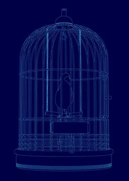 Bird is sitting in a cage. The cage is blue 스톡 일러스트