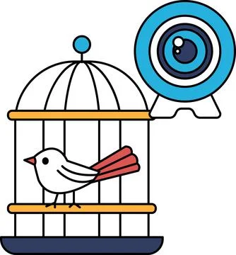 A bird is sitting in a cage with a camera in the background Stock Illustration