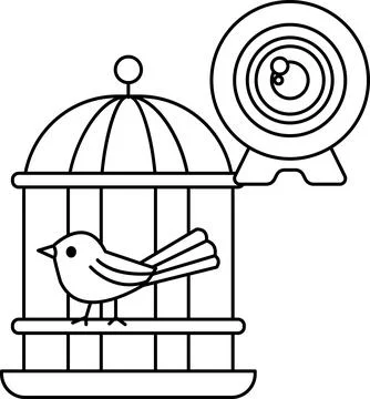 A bird is sitting in a cage with a camera in the background Stock Illustration