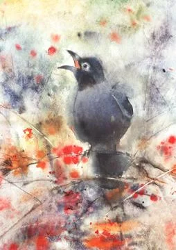 Bird sitting on a mountain ash tree イラスト素材
