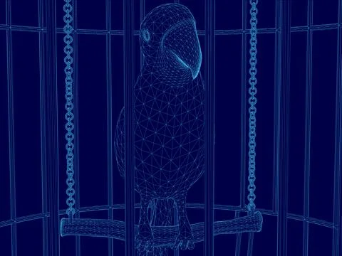 Bird is sitting on a swing in a cage. The cage is blue wireframe Illustrazione stock