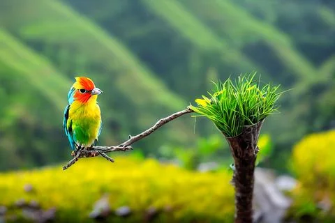 Bird sitting on tree branch cute colorful bird with red and yellow feathers. Stock Illustration