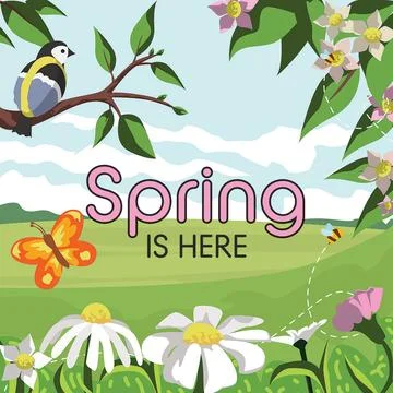 Bird sitting on tree branch, while butterfly and bees flying over flowers a.. Ilustração Stock