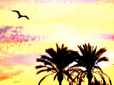 A bird soars gracefully over the palm trees as the sunset yellow sky イラスト素材
