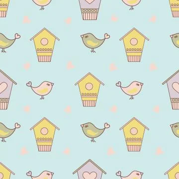 BIRD SPRING Cartoon Seamless Pattern Vector Illustration Stock Illustration
