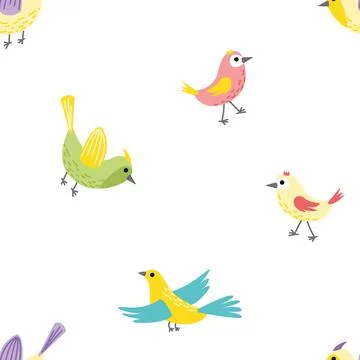 Bird. Summer cute seamless pattern with colorful birds. Flat, cartoon, vector Stock Illustration