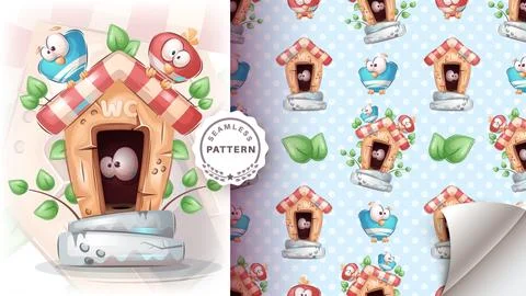 Bird in the toilet - seamless pattern Stock Illustration