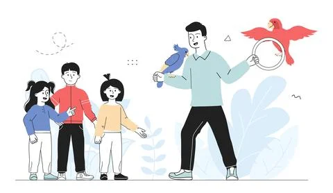 Bird training man. Man with blue and red bird shows performance to boys and Stock Illustration