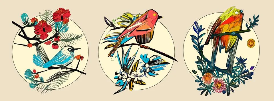 Bird on tree branch with leaves, flowers and large circle on light beige ba.. Stock Illustration