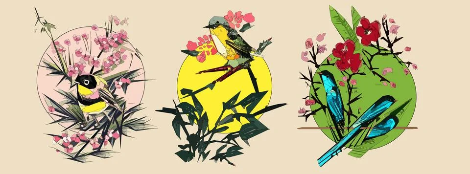 Bird on tree branch with leaves, flowers and large circle on light beige ba.. Stock Illustration