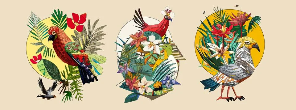 Bird on tree branch with leaves, flowers and large circle on light beige ba.. Stock Illustration