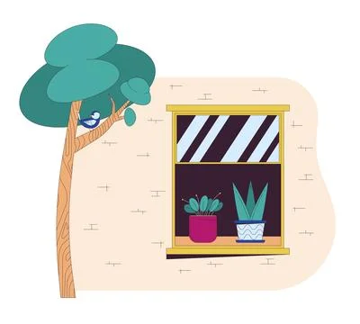 Bird on tree near open window building line cartoon flat illustration Ilustración de archivo