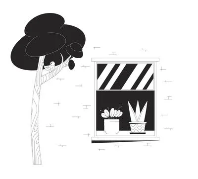 Bird on tree near open window building black and white cartoon flat illustration Ilustración de archivo