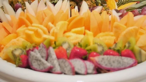 Bird of tropical fruit and interior decorations of wedding buffet Stock Footage 97170970