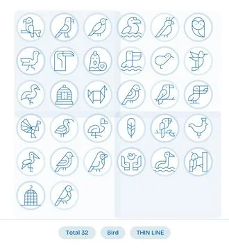 Bird Vector Icon Toolkit featuring 32 Grid Fitted 64x64 Thin Line elements Stock Illustration