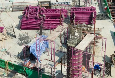 Bird-view construction site, workers work structure with cement  steel and me Stock Photos