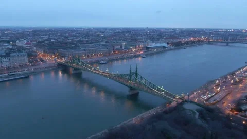 Bird view of the illuminated Liberty bridge, Budapest Hungary Stock Footage 166958560