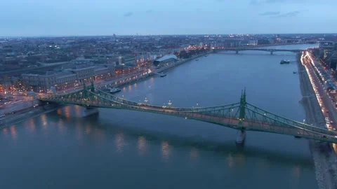 Bird view of the illuminated Liberty bridge, Budapest Hungary Stock Footage 166958575