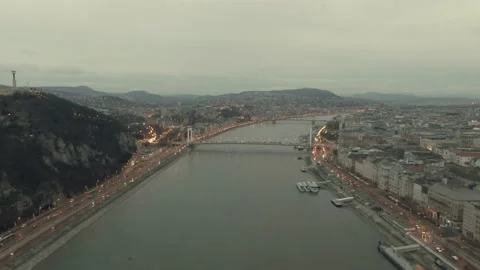 Bird view of the illuminated Liberty bridge, Budapest Hungary Stock Footage 166958675