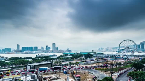 The bird view of the traffic and project near the harbour,Hong Kong,China Stock Footage 46734819