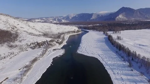 Bird view winter Altai river Katun Stockbeeldmateriaal 75157320