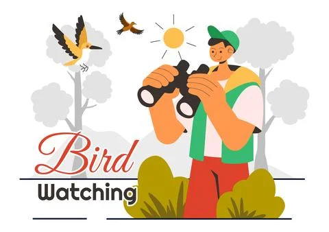 Bird Watching Vector Illustration featuring People Observing Bird in Nature.. Ilustración de archivo