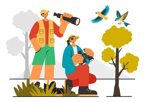 Bird Watching Vector Illustration featuring People Observing Bird in Nature.. Ilustración de archivo
