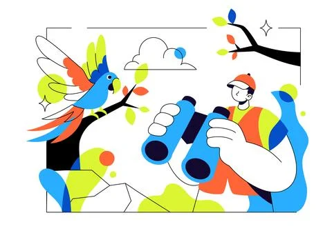 Bird Watching Vector Illustration Featuring Colorful Birds, Binoculars, Nat.. Illustrazione stock
