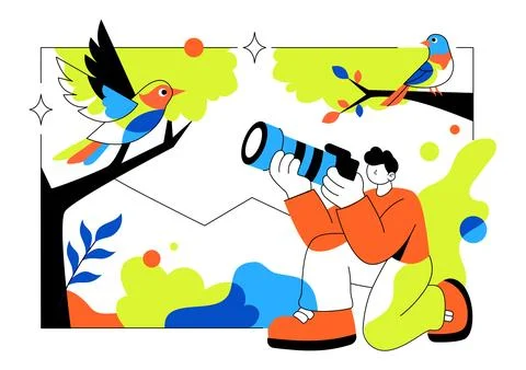Bird Watching Vector Illustration Featuring Colorful Birds, Binoculars, Nat.. Stock Illustration