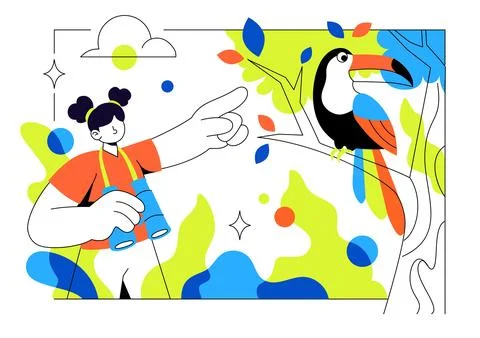 Bird Watching Vector Illustration Featuring Colorful Birds, Binoculars, Nat.. Stock Illustration