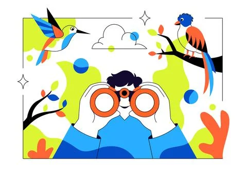 Bird Watching Vector Illustration Featuring Colorful Birds, Binoculars, Nat.. Illustrazione stock
