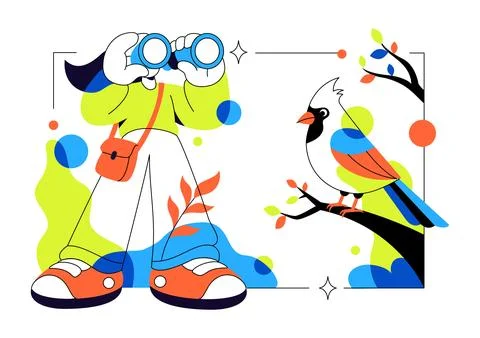 Bird Watching Vector Illustration Featuring Colorful Birds, Binoculars, Nat.. Illustrazione stock