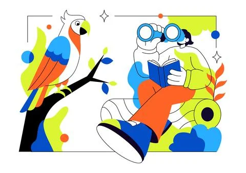 Bird Watching Vector Illustration Featuring Colorful Birds, Binoculars, Nat.. Stock Illustration