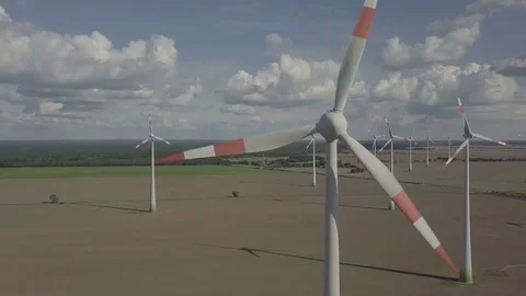 Birdeye view on Windmill field, Energy Production - Aerial Stock Footage 83801151