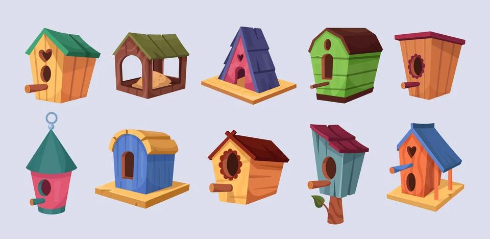 Birdhouse. Bird in house on tree cute colorful isolated decorative elements.. Stock Illustration