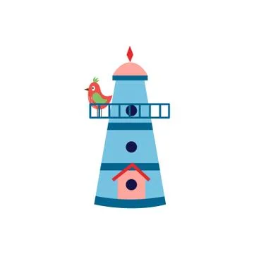 Birdhouse cartoon icon with small spring bird flat vector illustration isolated. Stock Illustration