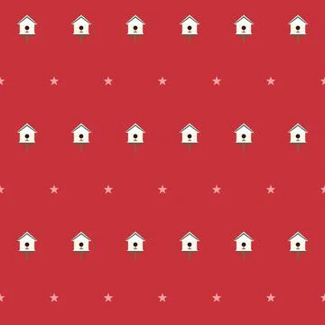 Birdhouse seamless pattern with white bird houses and pink stars on red Stock Illustration