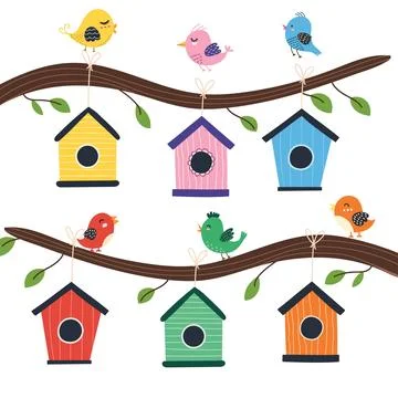 Birdhouse tree with cute birds. Nesting box set in cartoon style Stock Illustration