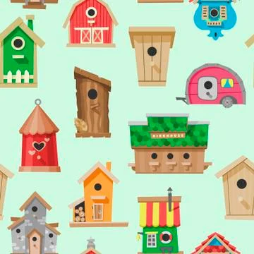 Birdhouses seamless pattern vector illustration. Nesting boxes to hang on tree 스톡 일러스트