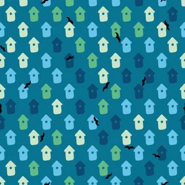 Birdhouses seamless vector pattern on teal Stock Illustration