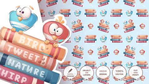 Birdin the book - seamless pattern. Stock Illustration