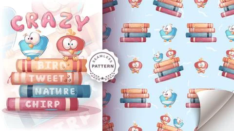 Birdin the book - seamless pattern Stock Illustration