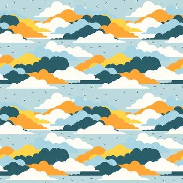 Birds among clouds seamless pattern. Starling among clouds colorful backgroun Stock Illustration