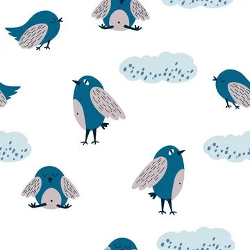 Birds and clouds seamless pattern. Hand draw cute birds soaring in the clouds Stock Illustration