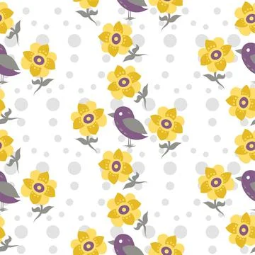 Birds And Flowers Vector Repeat Pattern In Purple, Yellow And Grey イラスト素材