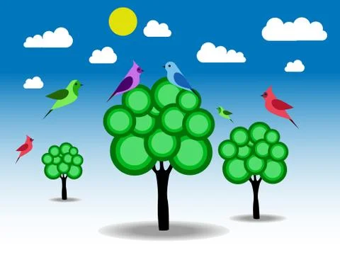 Birds and green trees Stock Illustration
