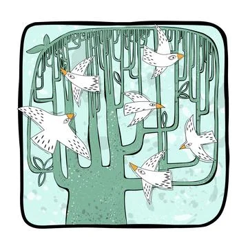 Birds and Tree Vector Illustration Hand Draw Stock Illustration
